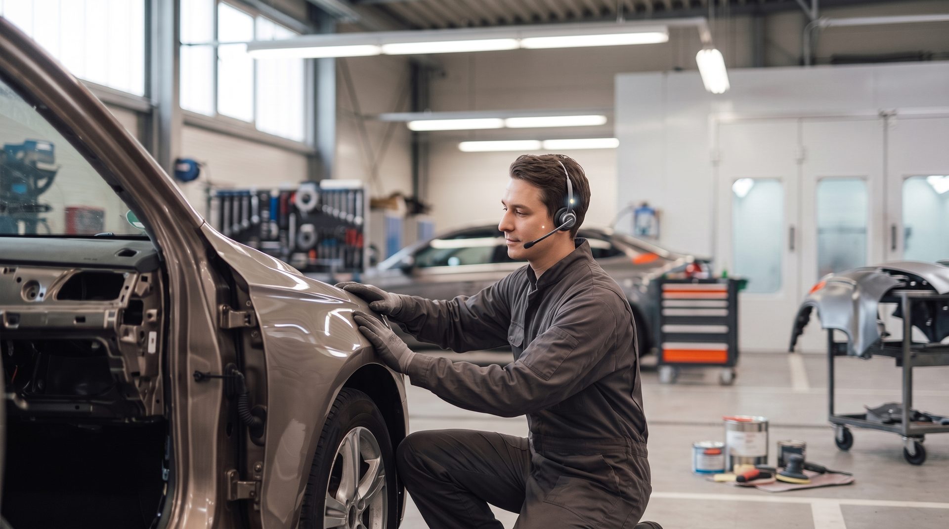 Technician wearing a headset while working on a vehicle in a collision repair shop