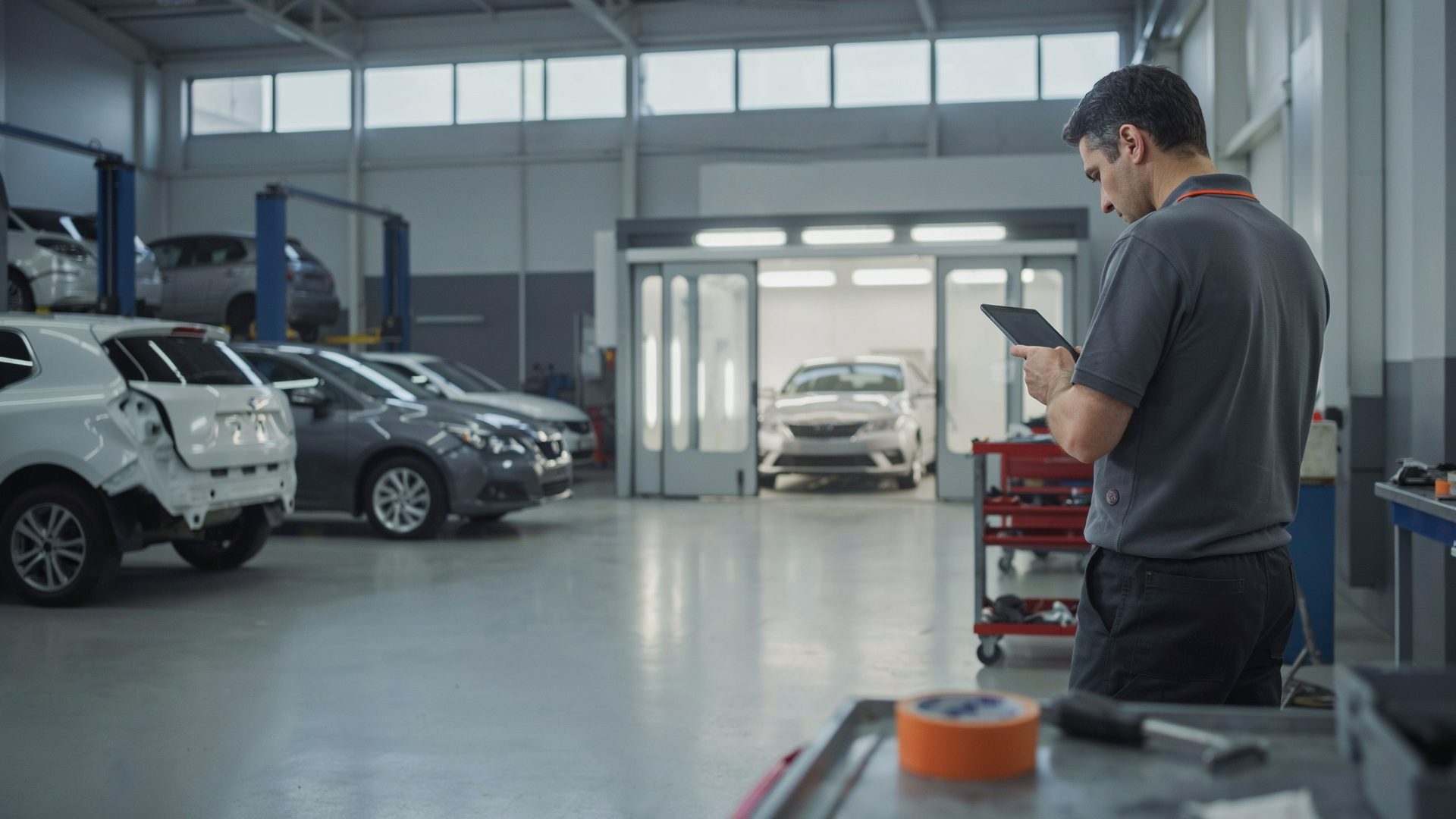 Technician viewing a tablet in a collision repair shop