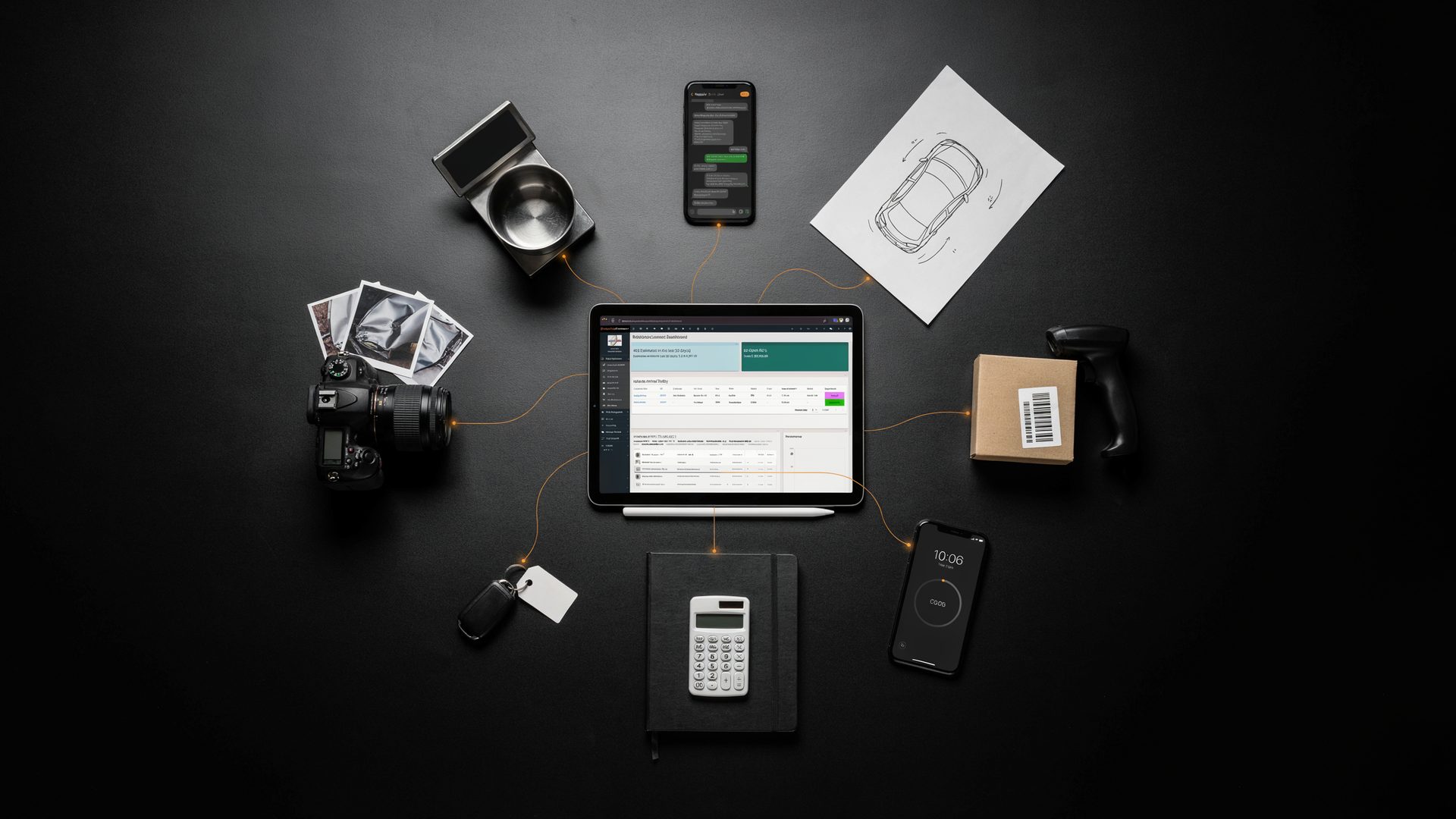 Devices arranged around a BodyshopConnect dashboard illustration