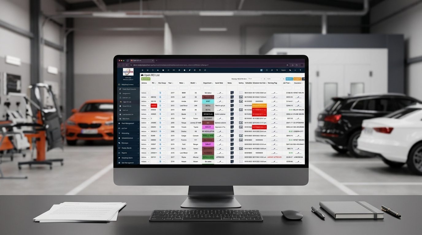 BodyshopConnect open repair order list on a monitor in a collision repair shop
