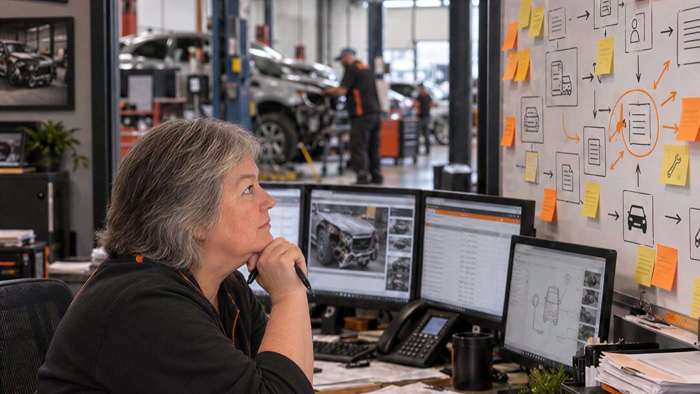 Person reviewing workflow materials at a collision repair shop desk